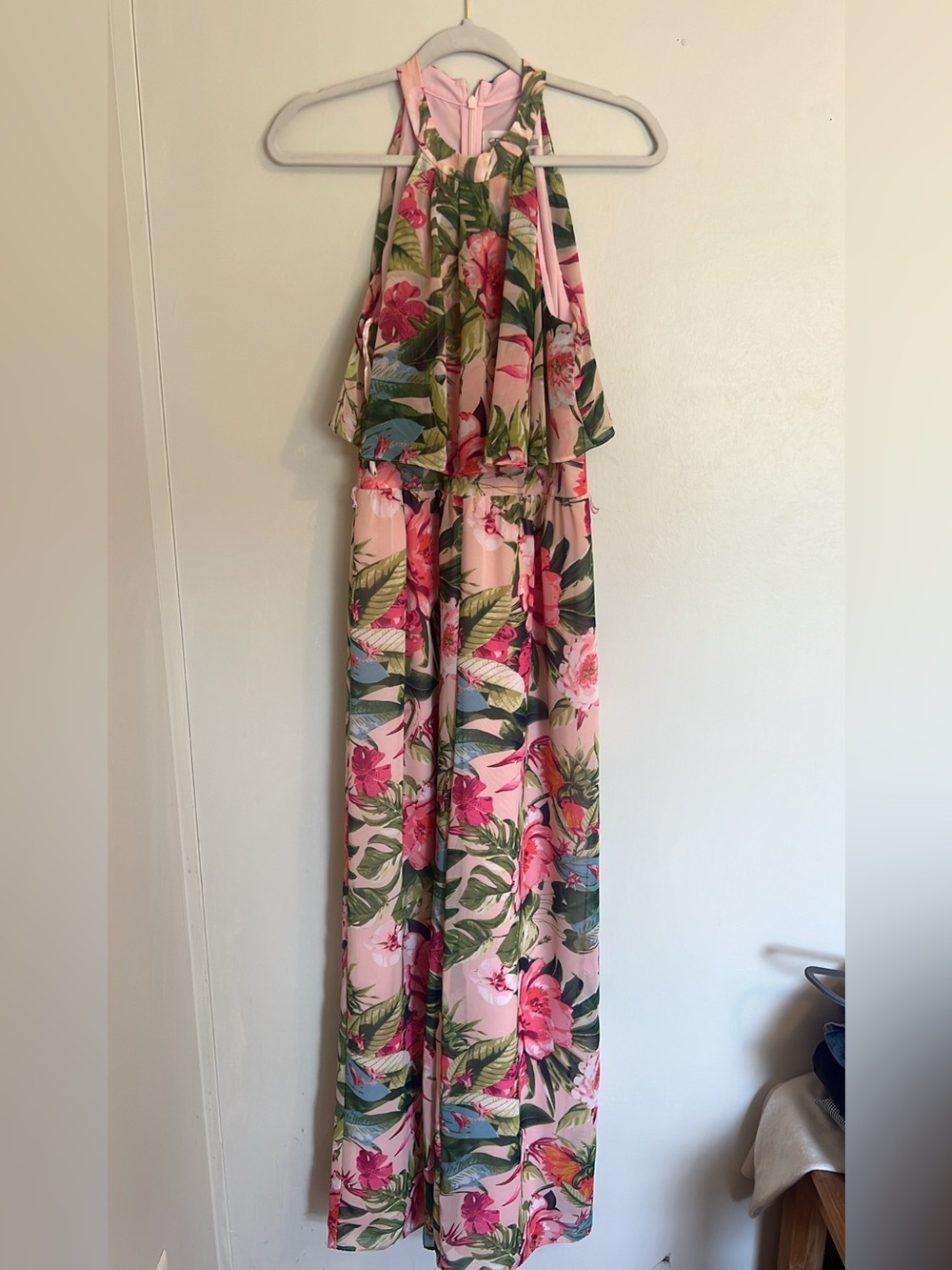 Eliza J Pink Floral Halter Wide-Leg Jumpsuit -missing waist belt - Picture 2 of 11